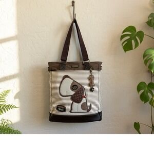 Chala Handbags Brown Striped Toffy Dog Canvas Tote Shoulder Bag with FOB Charms